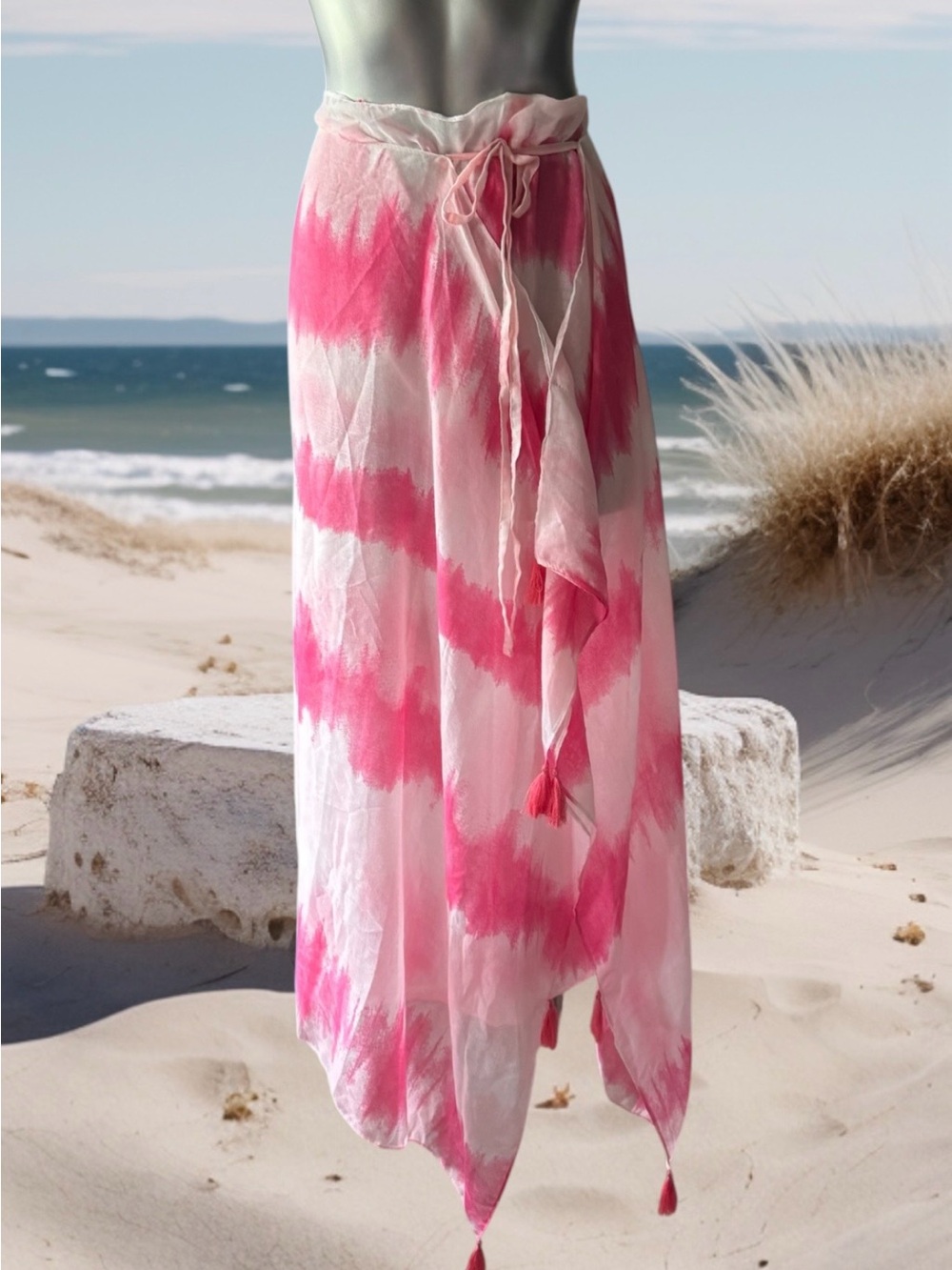2 for $30 ✅ Pink and White Tie-Dye Coverup with Tassels